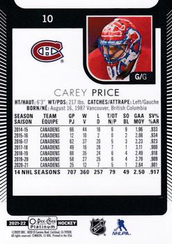 2021-22 O-Pee-Chee Platinum #10 Carey Price Back