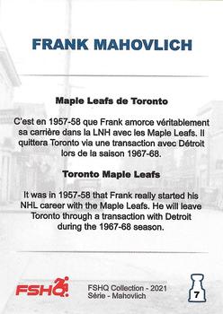 2021 FSHQ Collection Mahovlich #7 Maple Leafs de Toronto / Toronto Maple Leafs Back