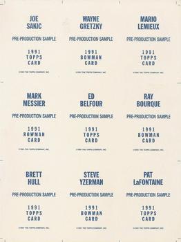 1991-92 Topps - Topps/Bowman Pre-Production Sample Sheet #NNO Mario Lemieux / Wayne Gretzky / Joe Sakic / Ray Bourque / Ed Belfour / Mark Messier / Pat LaFontaine / Steve Yzerman / Brett Hull Back