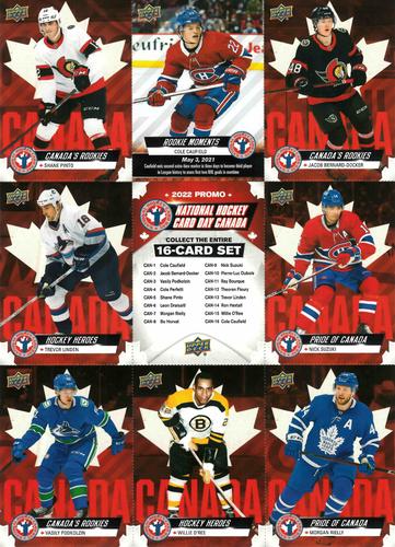 2022 Upper Deck National Hockey Card Day Canada - Sheets #CAN-2/-3/-5/-7/-9/-13/-15/-16/NNO Shane Pinto / Cole Caufield / Jacob Bernard-Docker / Trevor Linden / Checklist / Nick Suzuki / Vasily Podkolzin / Willie O'Ree / Morgan Rielly Front