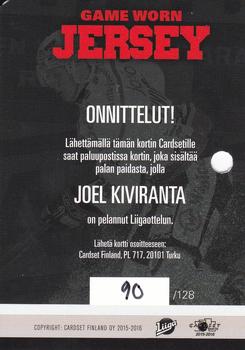 2016-17 Cardset Finland - Game Worn Jersey Series 2 Redemption #GWJ6 Joel Kiviranta Back