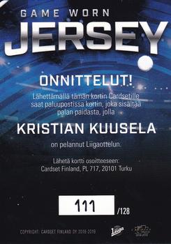 2018-19 Cardset Finland - Game Worn Jersey Series 1 Redemption #GWJ6 Kristian Kuusela Back