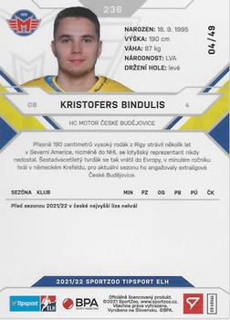 2021-22 SportZoo Tipsport ELH - Red #236 Kristofers Bindulis Back