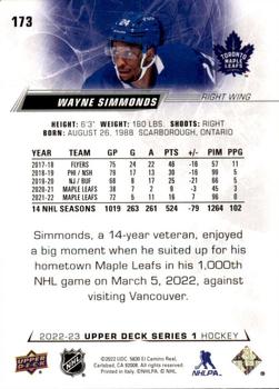 2022-23 Upper Deck #173 Wayne Simmonds Back