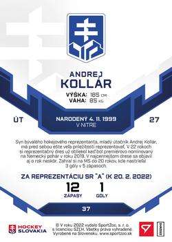 2022 SportZoo Hokejové Slovensko - Blue #37 Andrej Kollar Back