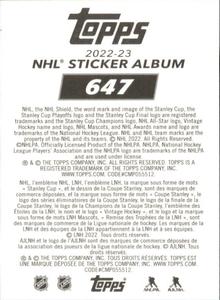 2022-23 Topps NHL Sticker Collection #647 Jordan Binnington Back