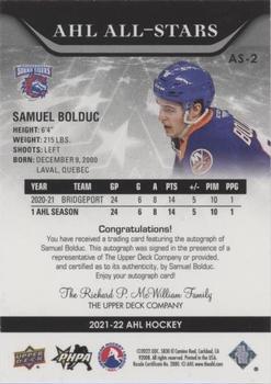 2021-22 Upper Deck AHL - AHL All-Stars Autographs #AS-2 Samuel Bolduc Back