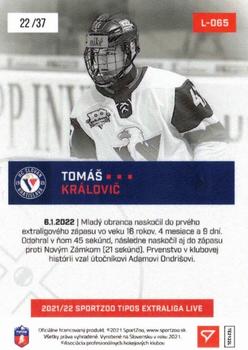 2021-22 SportZoo Live Tipos Extraliga #L-065 Tomas Kralovic Back