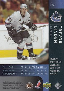 2001-02 Upper Deck Rookie Update - 2001-02 Upper Deck Ice Update #124 Trevor Linden Back
