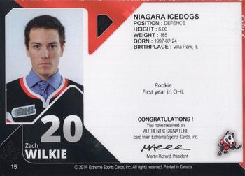 2013-14 Extreme Niagara IceDogs (OHL) Autographs #15 Zach Wilkie Back