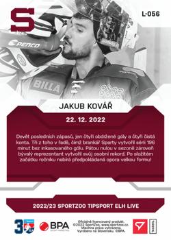 2022-23 SportZoo Live Tipsport ELH #L-056 Jakub Kovar Back