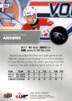 2021-22 Upper Deck CHL #185 Raivis Kristians Ansons Back