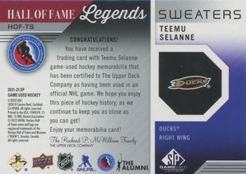 2021-22 SP Game Used - HOF Legends Sweaters #HOF-TS Teemu Selanne Back