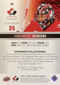 2022-23 Upper Deck Team Canada Juniors - Signatures Black #59 Ann-Renee Desbiens Back