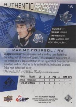 2021-22 SP Game Used CHL - Autographs Blue #16 Maxime Coursol Back