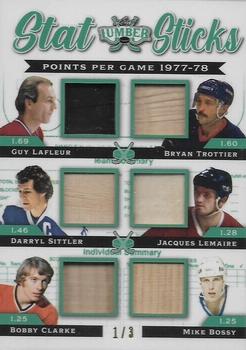 2021-22 Leaf Lumber - Stat Sticks: PPG Emerald #PPG-06 Guy Lafleur / Bryan Trottier / Darryl Sittler / Jacques Lemaire / Bobby Clarke / Mike Bossy Front