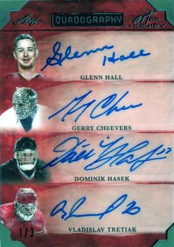 2022 Leaf Art of Hockey - Quadography Emerald Spectrum Holofoil #Q-03 Glenn Hall / Gerry Cheevers / Dominik Hasek / Vladislav Tretiak Front