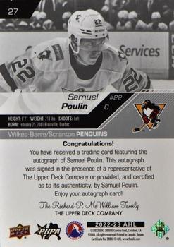 2022-23 Upper Deck AHL - Autographs #27 Samuel Poulin Back