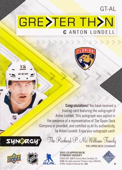 2022-23 Upper Deck Synergy - Greater Than Signatures #GT-AL Anton Lundell Back