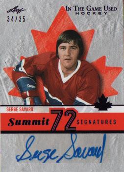 2022-23 Leaf In The Game Used - Summit ‘72 Signatures Purple Foil #S72-SS1 Serge Savard Front