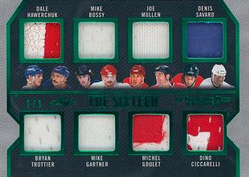 2022-23 Leaf In The Game Used - The 16 Relics Green Spectrum #T16-5 Dale Hawerchuk / Bryan Trottier / Mike Bossy / Mike Gartner / Joe Mullen / Michel Goulet / Denis Savard / Dino Ciccarelli / Bernie Nicholls / Brian Propp / Dave Taylor / Rick Middleton / Steve Larmer / Mats Näslund / Lanny McDonald / Dave Andreychuk Front