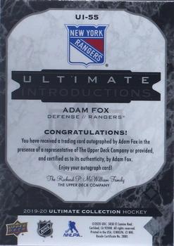 2021-22 Upper Deck Ultimate Collection - 2019-20 Upper Deck Ultimate Collection Update: Ultimate Introductions Onyx Black Autographs #UI-55 Adam Fox Back