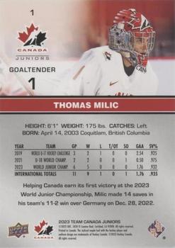 2023 Upper Deck Team Canada Juniors - Patterned Foilboard Red #1 Thomas Milic Back