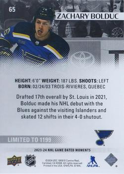 2023-24 Upper Deck Game Dated Moments #65 Zachary Bolduc Back