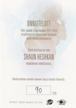 2017-18 Cardset Finland - Signature (Series Two) #NNO Shaun Heshka Back