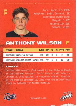 2023-24 Regina Pats (WHL) #NNO Anthony Wilson Back