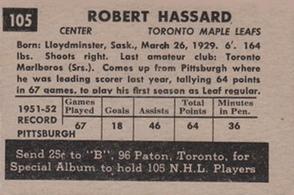 1952-53 Parkhurst #105 Bob Hassard Back