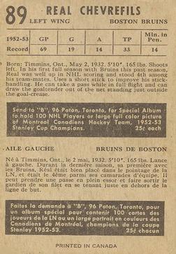 1953-54 Parkhurst #89 Real Chevrefils Back