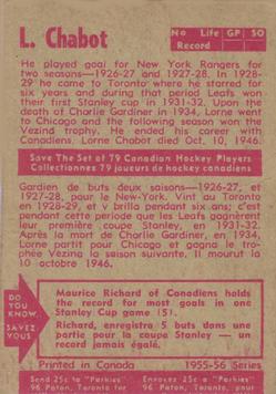 1955-56 Parkhurst #21 Lorne Chabot Back