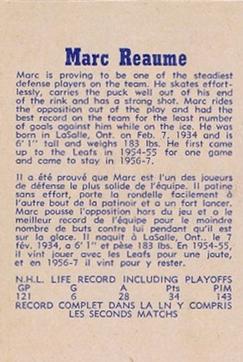 1957-58 Parkhurst #T12 Marc Reaume Back