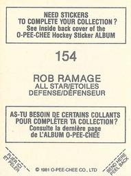 1981-82 O-Pee-Chee Stickers #154 Rob Ramage Back