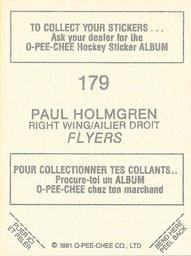 1981-82 O-Pee-Chee Stickers #179 Paul Holmgren  Back