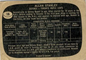 1966-67 Topps #16 Allan Stanley Back