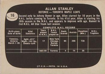 1966-67 Topps USA Test #16 Allan Stanley Back