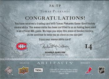 2010-11 Upper Deck Artifacts - Frozen Artifacts Jersey Patch Blue #FA-TP Tomas Plekanec  Back