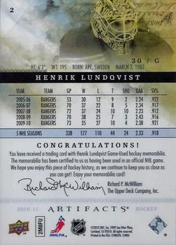 2010-11 Upper Deck Artifacts - Jerseys Patches Gold #2 Henrik Lundqvist  Back