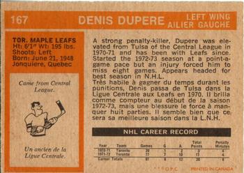 1972-73 O-Pee-Chee #167 Denis Dupere Back