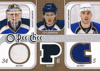 2008-09 O-Pee-Chee - Materials Triple #3M-JLJ Manny Legace / Erik Johnson / Barret Jackman Front