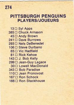 1974-75 O-Pee-Chee #274 Pittsburgh Penguins Team Back