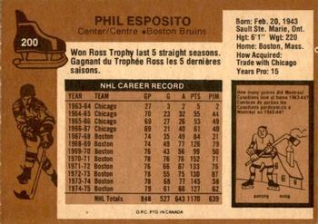1975-76 O-Pee-Chee #200 Phil Esposito Back