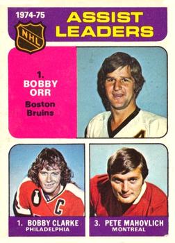 1975-76 O-Pee-Chee #209 1974-75 Assist Leaders (Bobby Orr / Bobby Clarke / Pete Mahovlich) Front