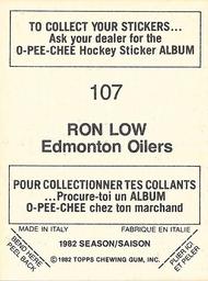 1982-83 O-Pee-Chee Stickers #107 Ron Low Back
