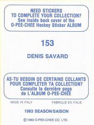 1983-84 O-Pee-Chee Stickers #153 Denis Savard  Back