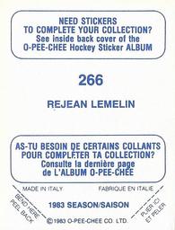 1983-84 O-Pee-Chee Stickers #266 Rejean Lemelin Back