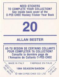 1984-85 O-Pee-Chee Stickers #20 Allan Bester Back