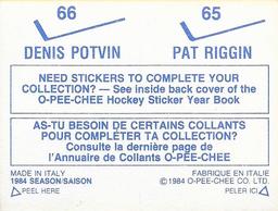 1984-85 O-Pee-Chee Stickers #65 / 66 Pat Riggin / Denis Potvin Back